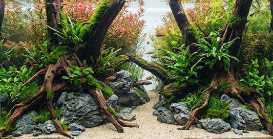 Bepflanztes Aquarium-Layout mit Driftwood-Wurzel und grauen Seiryu-Steinen