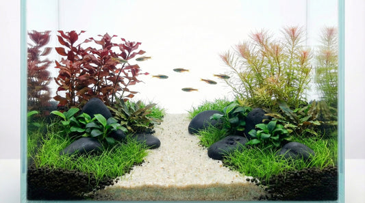 Eingewachsenes Aquascape mit dunklen Steinen, rotem und grünem Pflanzenteppich