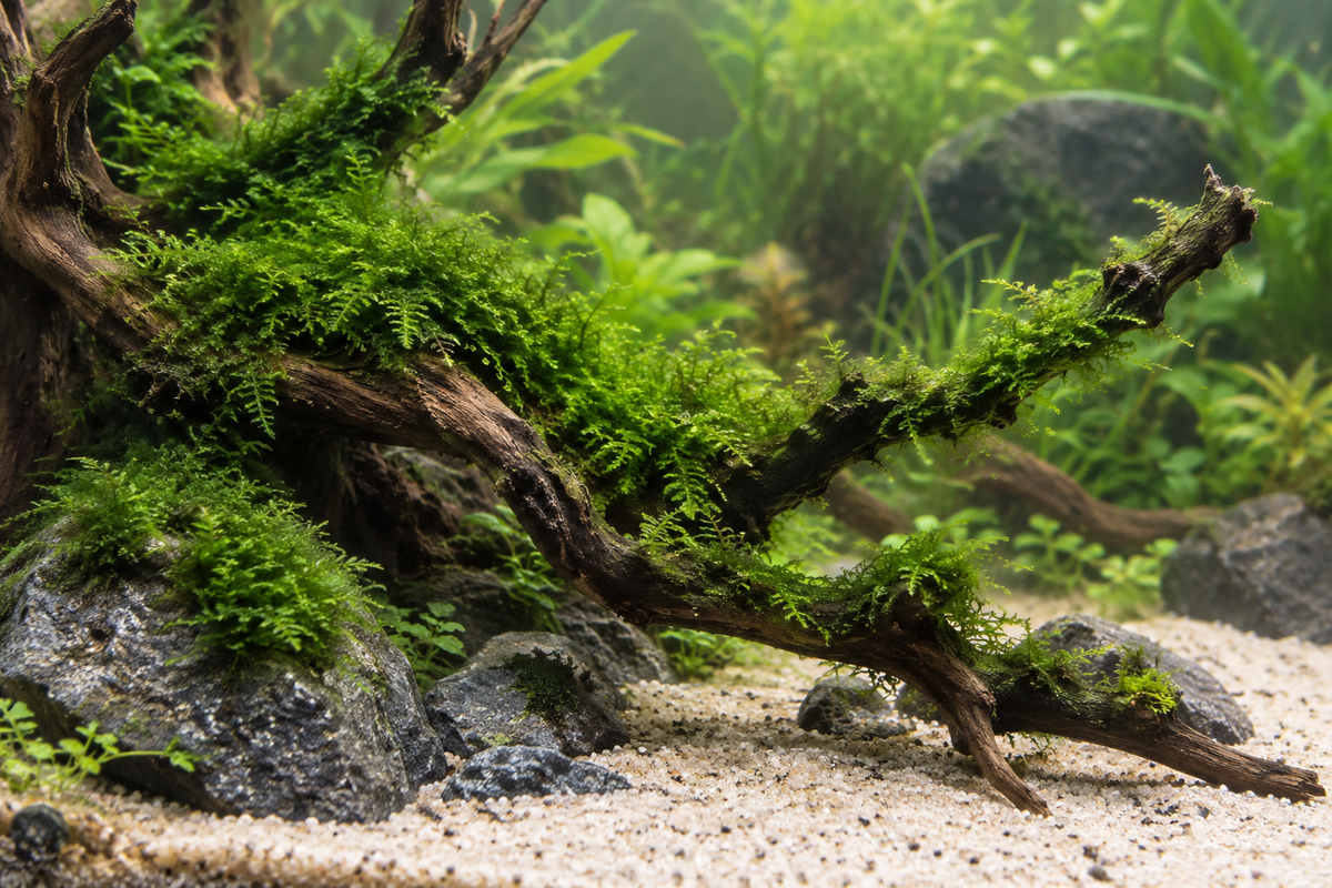 Christmas Moss auf einer Wurzel im bepflanzten Aquarium - KI-generiertes Gestaltungsbeispiel