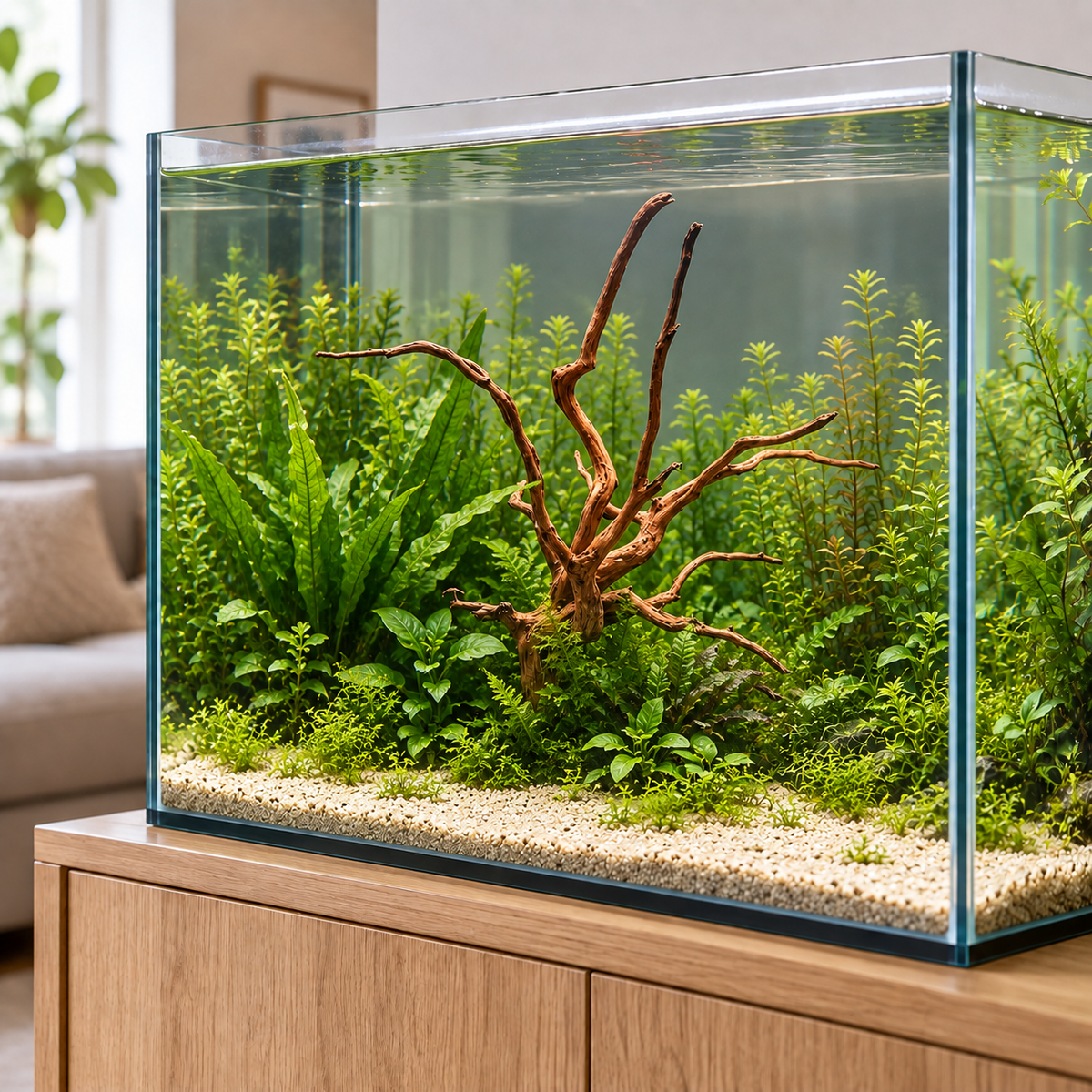 Fingerwurzel zwischen Pflanzen im Wohnraum-Aquascape, mit verdeckter Schieferplatte – Gestaltungsbeispiel