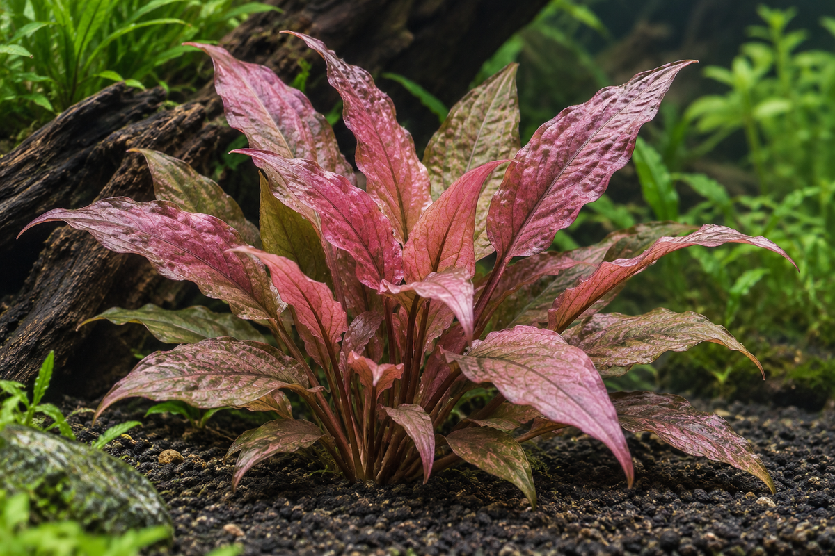 Cryptocoryne 'Flamingo' als ausgewachsene Rosettenpflanze im Aquarium - KI-generiertes Gestaltungsbeispiel
