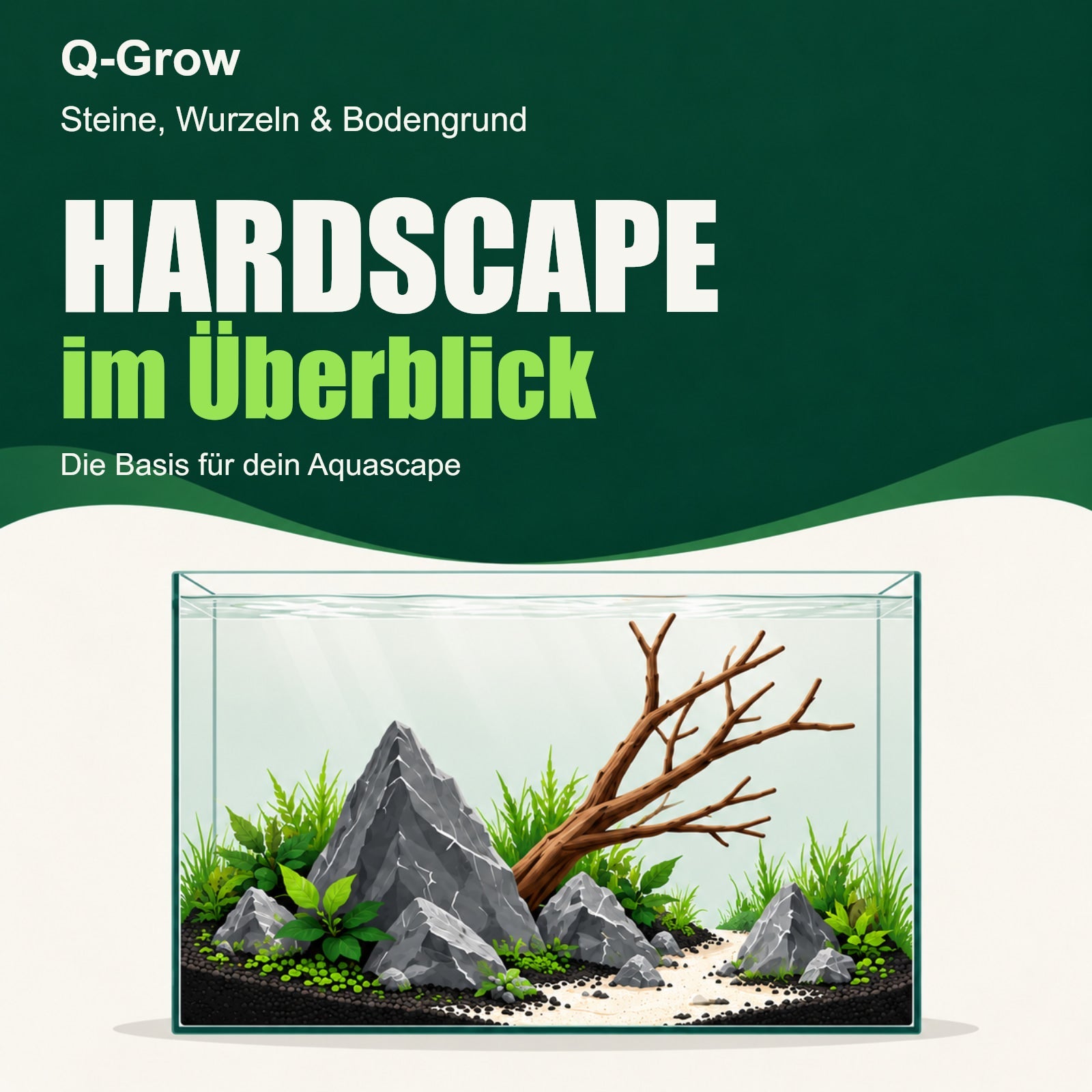 HARDSCAPE im Überblick: Aquascaping-Komposition mit Steinen, verzweigtem Holz sowie Soil, Sand und Kies als Bodengrund.