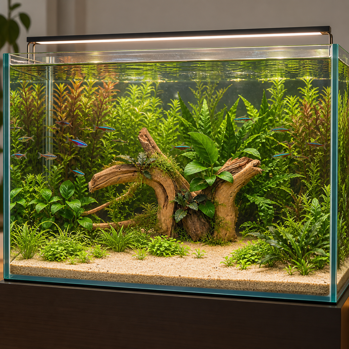 Stammartiges Spider Wood zwischen Anubias und Bucephalandra im Aquarium-Mittelgrund, mit bepflanztem Vordergrund und unsichtbarer Schieferplatte